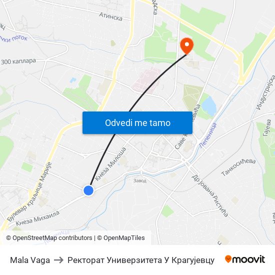 Mala Vaga to Ректорат Универзитета У Крагујевцу map