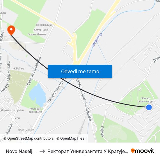 Novo Naselje 2 to Ректорат Универзитета У Крагујевцу map