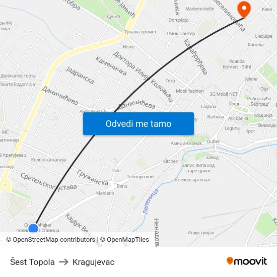 Šest Topola to Kragujevac map