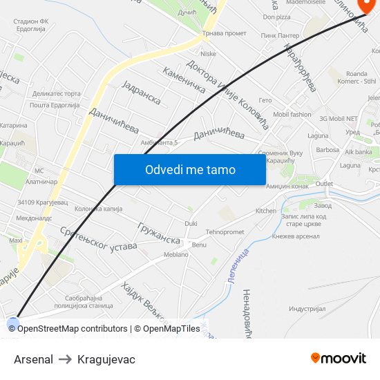 Arsenal to Kragujevac map