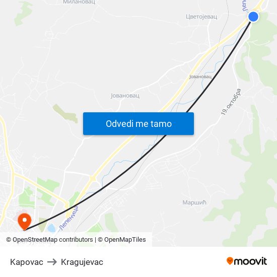 Kapovac to Kragujevac map