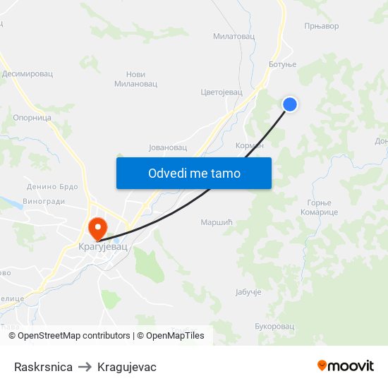 Raskrsnica to Kragujevac map