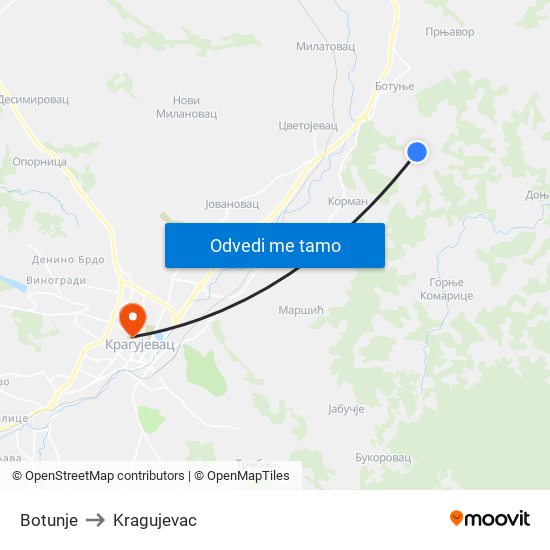 Botunje to Kragujevac map