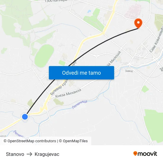 Stanovo to Kragujevac map