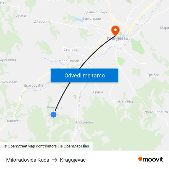 Miloradovića Kuća to Kragujevac map