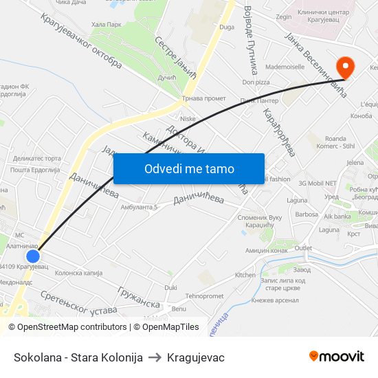 Sokolana - Stara Kolonija to Kragujevac map