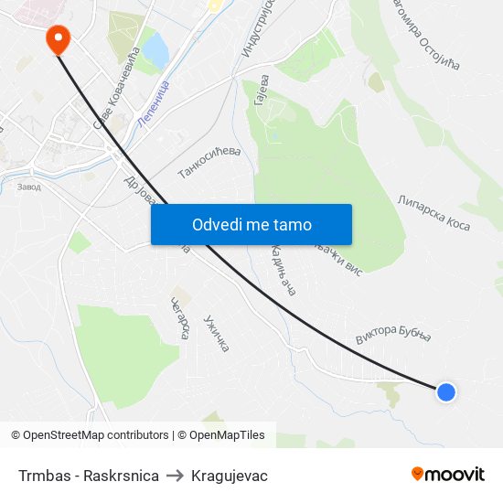 Trmbas - Raskrsnica to Kragujevac map