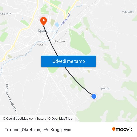 Trmbas (Okretnica) to Kragujevac map