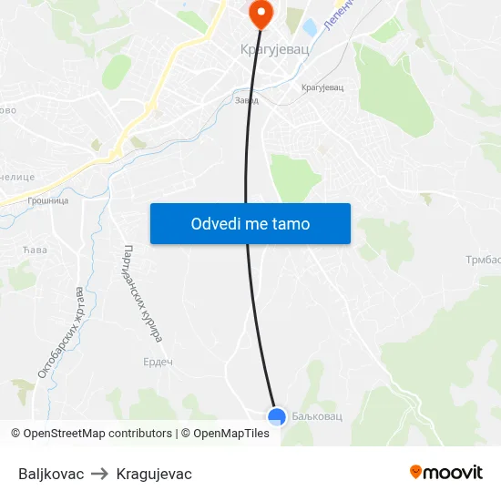 Baljkovac to Kragujevac map