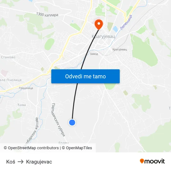 Koš to Kragujevac map