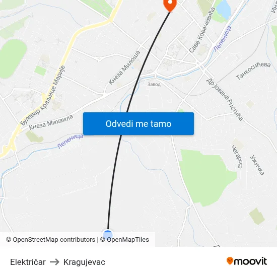 Električar to Kragujevac map