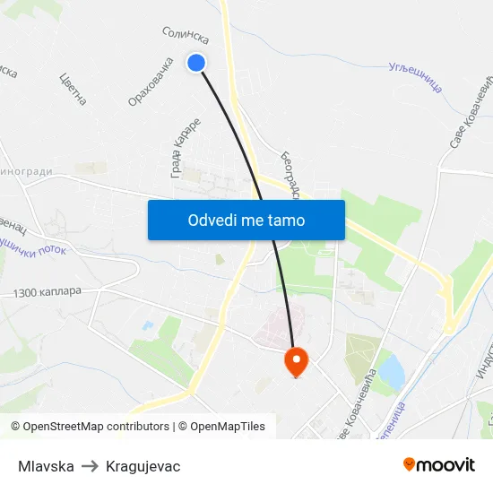 Mlavska to Kragujevac map