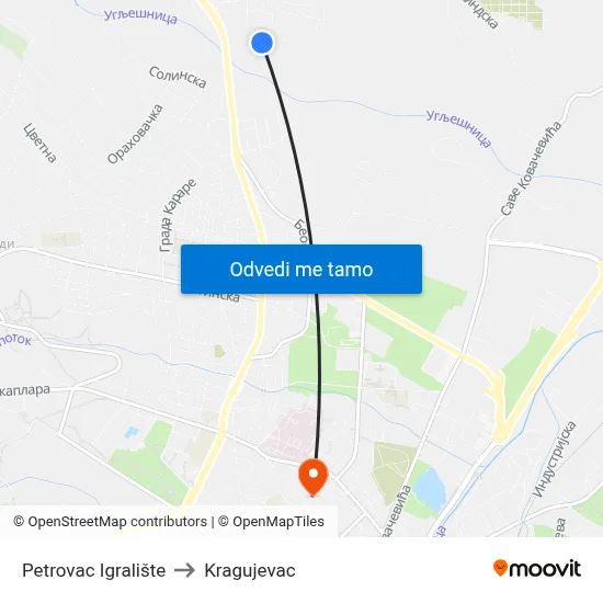 Petrovac Igralište to Kragujevac map