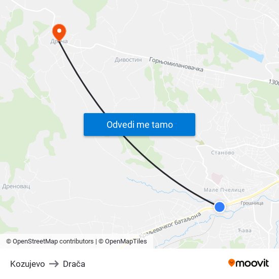 Kozujevo to Drača map