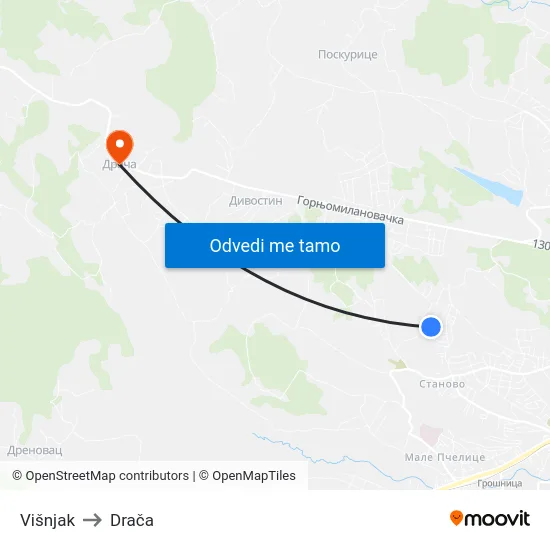 Višnjak to Drača map