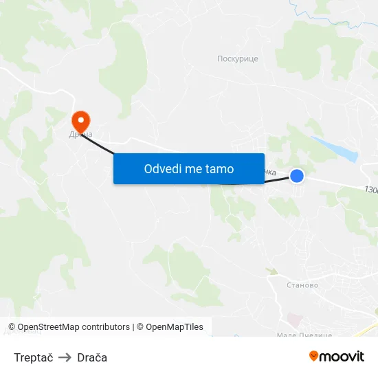 Treptač to Drača map