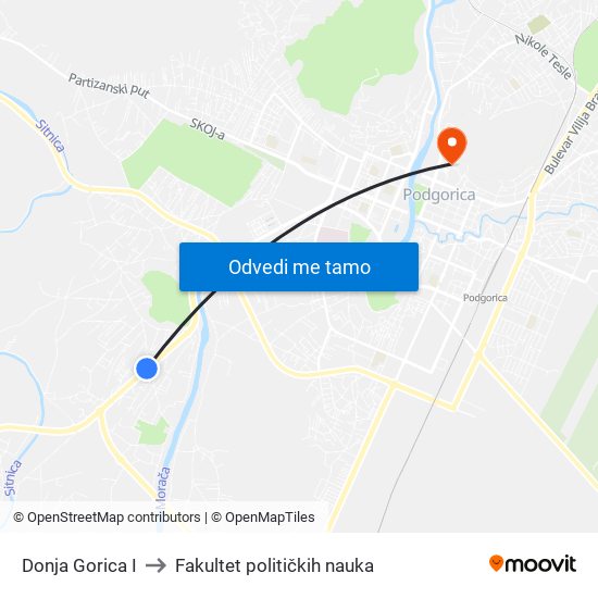 Donja Gorica I to Fakultet političkih nauka map