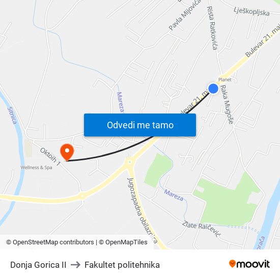 Donja Gorica II to Fakultet politehnika map