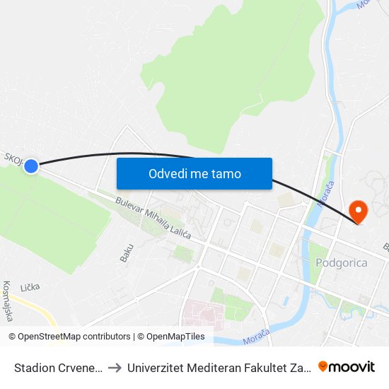 Stadion Crvene Stijene to Univerzitet Mediteran Fakultet Za Strane Jezike map