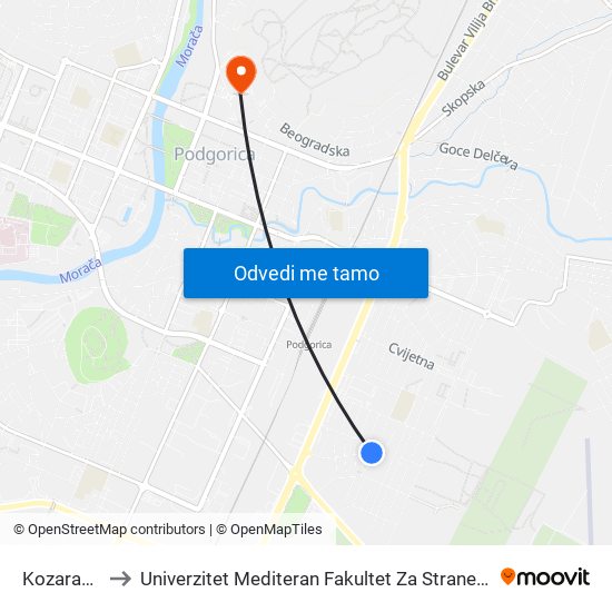 Kozaračka to Univerzitet Mediteran Fakultet Za Strane Jezike map