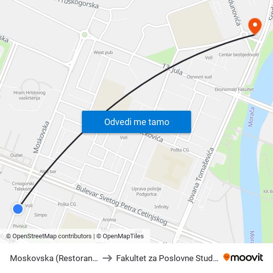 Moskovska (Restoran Carine) to Fakultet za Poslovne Studije - MBS map