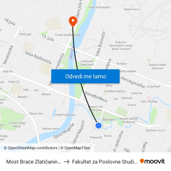 Most Braće Zlatičanin (Nikić) to Fakultet za Poslovne Studije - MBS map