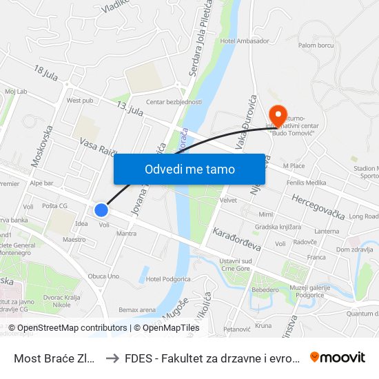 Most Braće Zlatičana to FDES - Fakultet za drzavne i evropske studije map