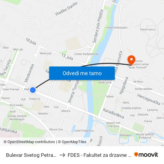 Bulevar Svetog Petra Cetinjskog 62 to FDES - Fakultet za drzavne i evropske studije map