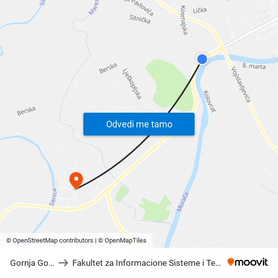 Gornja Gorica to Fakultet za Informacione Sisteme i Tehnologije map