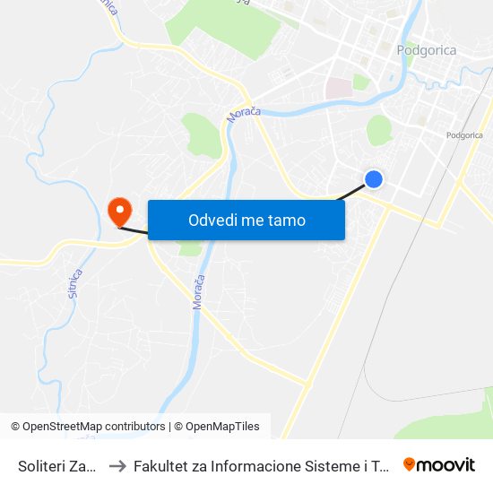 Soliteri Zabjelo to Fakultet za Informacione Sisteme i Tehnologije map