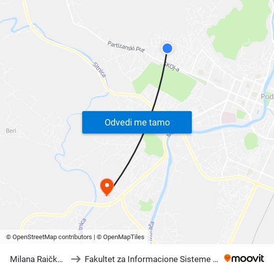 Milana Raičkovića II to Fakultet za Informacione Sisteme i Tehnologije map