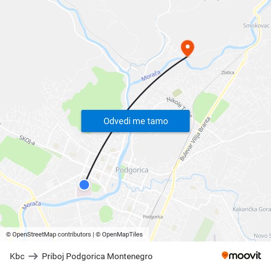 Kbc to Priboj Podgorica Montenegro map
