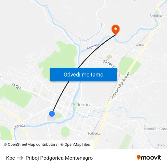 Kbc to Priboj Podgorica Montenegro map