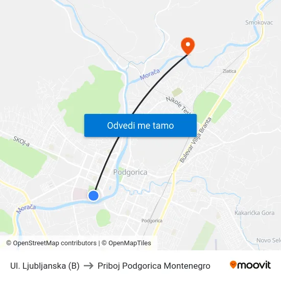 Ul. Ljubljanska (B) to Priboj Podgorica Montenegro map