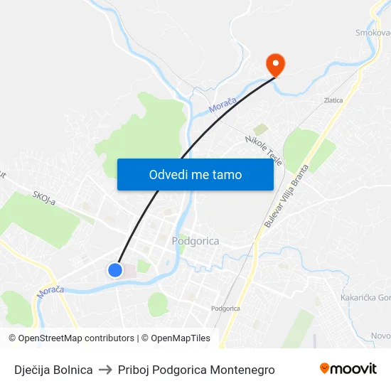 Dječija Bolnica to Priboj Podgorica Montenegro map