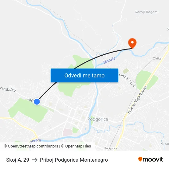 Skoj-A, 29 to Priboj Podgorica Montenegro map