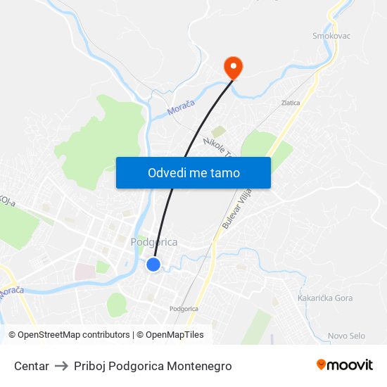 Centar to Priboj Podgorica Montenegro map