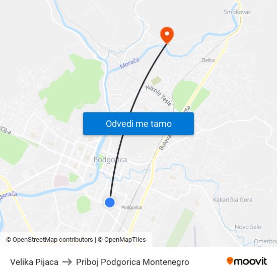 Velika Pijaca to Priboj Podgorica Montenegro map