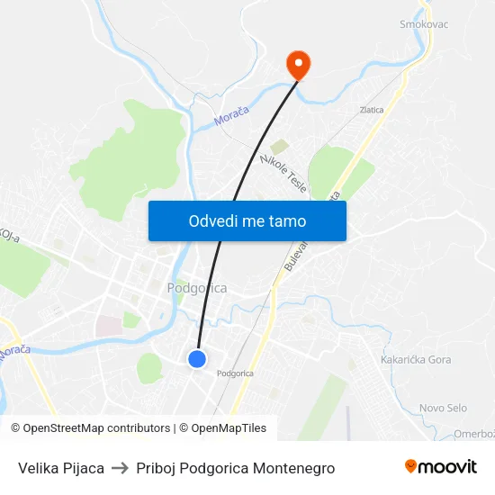 Velika Pijaca to Priboj Podgorica Montenegro map