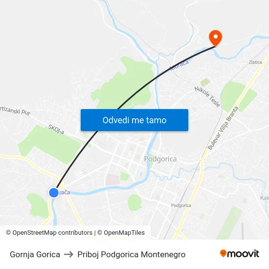 Gornja Gorica to Priboj Podgorica Montenegro map