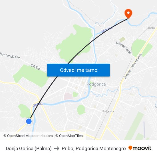 Donja Gorica (Palma) to Priboj Podgorica Montenegro map