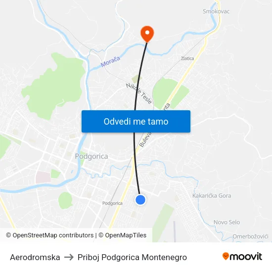 Aerodromska to Priboj Podgorica Montenegro map