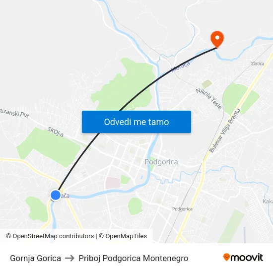 Gornja Gorica to Priboj Podgorica Montenegro map