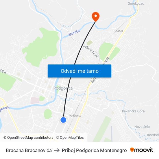 Bracana Bracanovića to Priboj Podgorica Montenegro map