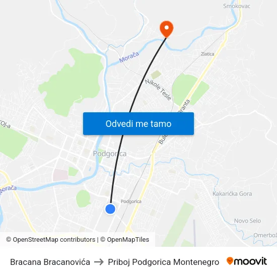 Bracana Bracanovića to Priboj Podgorica Montenegro map