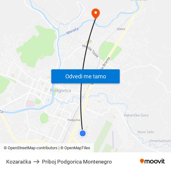 Kozaračka to Priboj Podgorica Montenegro map