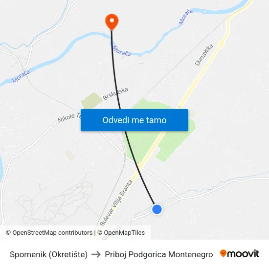 Spomenik (Okretište) to Priboj Podgorica Montenegro map