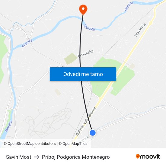 Savin Most to Priboj Podgorica Montenegro map