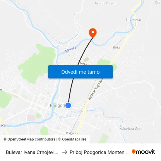 Bulevar Ivana Crnojevića II to Priboj Podgorica Montenegro map