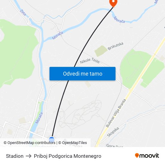 Stadion to Priboj Podgorica Montenegro map